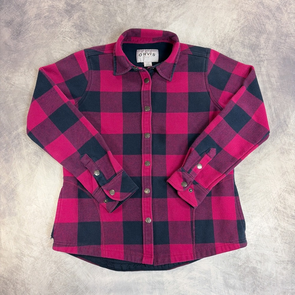 Orvis Flannel Shirt Jacket Womens Small Pink Navy Buffalo Plaid Fleece Lined